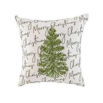 HomeRoots 18" White And Green Cotton Merry Christmas Throw Pillow With Embroidery