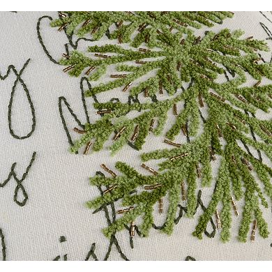 HomeRoots 18" White And Green Cotton Merry Christmas Throw Pillow With Embroidery