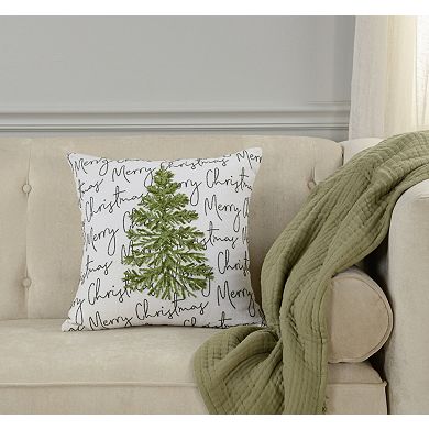 HomeRoots 18" White And Green Cotton Merry Christmas Throw Pillow With Embroidery