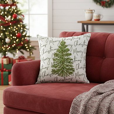 HomeRoots 18" White And Green Cotton Merry Christmas Throw Pillow With Embroidery