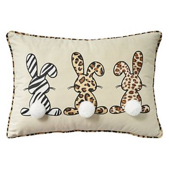HomeRoots 14" X 20" Beige Animal Print Applique Bunny Trio Lumbar Throw Pillow With Pompoms