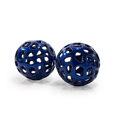 HomeRoots Set of Two Blue Aluminum Hand Painted Decorative Orbs