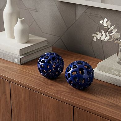 HomeRoots Set of Two Blue Aluminum Hand Painted Decorative Orbs