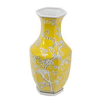 HomeRoots 14" Yellow And White Chinoiserie Floral Porcelain Table Vase
