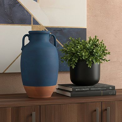 HomeRoots 11" Blue And Terra Cotta Ceramic Urn Vase