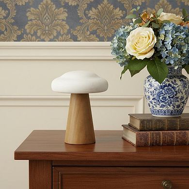 HomeRoots 7" Brown And White Wood Hand Painted Mushroom Tabletop Sculpture