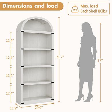 71.65" Tall 5-Tier Wooden Arched Bookcase Cabinet Bookshelf, Display Storage Rack for Home Office