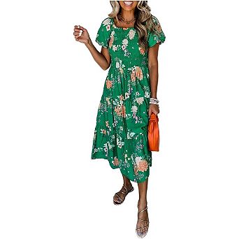 Floral Print Bubble Sleeve Smocked Tiered Midi Dress