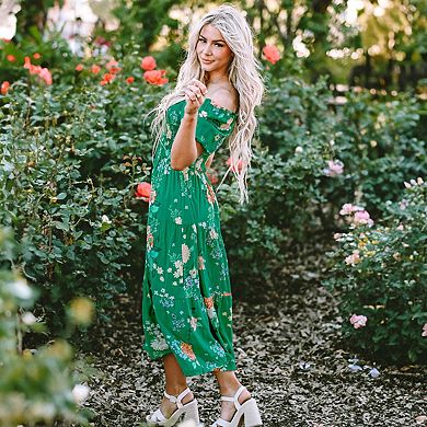 Floral Print Bubble Sleeve Smocked Tiered Midi Dress