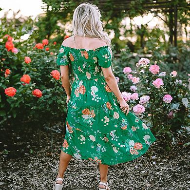Floral Print Bubble Sleeve Smocked Tiered Midi Dress