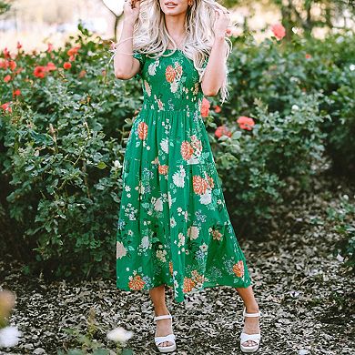 Floral Print Bubble Sleeve Smocked Tiered Midi Dress