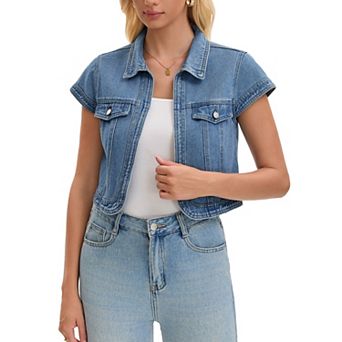 Women's Denim Shrug Collared Cap Sleeves Open Front Cropped Jean Jacket