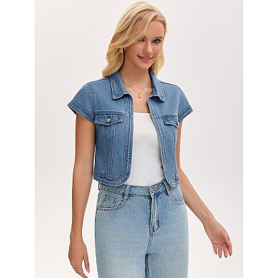 Women's Denim Shrug Collared Cap Sleeves Open Front Cropped Jean Jacket