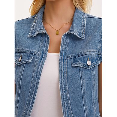 Women's Denim Shrug Collared Cap Sleeves Open Front Cropped Jean Jacket