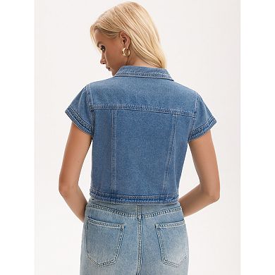 Women's Denim Shrug Collared Cap Sleeves Open Front Cropped Jean Jacket
