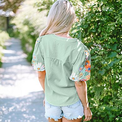 Floral Embroidered Puff Sleeve Split Neck Blouse