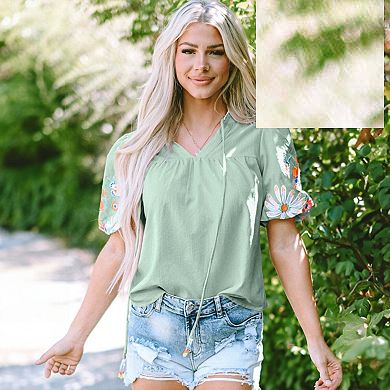 Floral Embroidered Puff Sleeve Split Neck Blouse