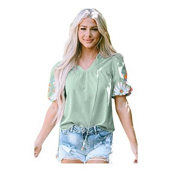 Floral Embroidered Puff Sleeve Split Neck Blouse