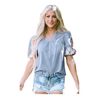 Floral Embroidered Puff Sleeve Split Neck Blouse