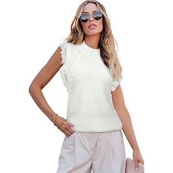 White Woven Tasseled Sleeveless Mock Neck Sweater Vest