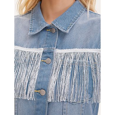 Women's Denim Vest Tassel Trim Button Down Sleeveless Fringe Jacket with Pockets Jean Vests