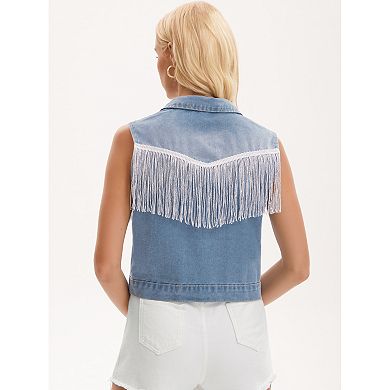 Women's Denim Vest Tassel Trim Button Down Sleeveless Fringe Jacket with Pockets Jean Vests
