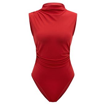 Women's Basic Bodysuit Sleeveless Mock Neck Side Ruched Slim Fit
