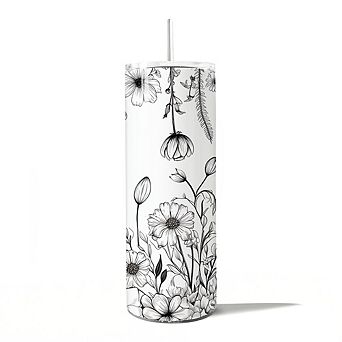 White and Black Wild Flowers Tumbler With Stainless Steel Straw, Beautiful Travel Mug Gift