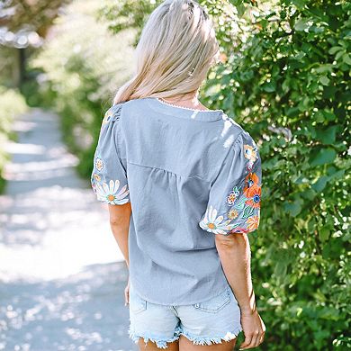 Floral Embroidered Puff Sleeve Split Neck Blouse