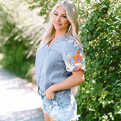 Floral Embroidered Puff Sleeve Split Neck Blouse