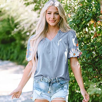 Floral Embroidered Puff Sleeve Split Neck Blouse