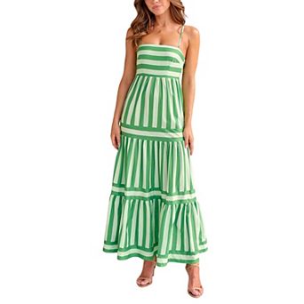 Women's Long Tiered Dress Sleeveless Spaghetti Strap Square Neck Striped Print Midi Slip Dress