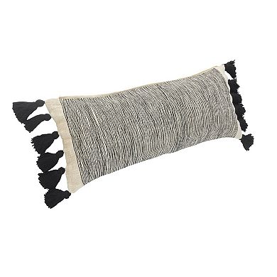 HomeRoots 12" X 28" Gray Ivory And Black Cotton Wavy Stripe Throw Pillow with Fringe