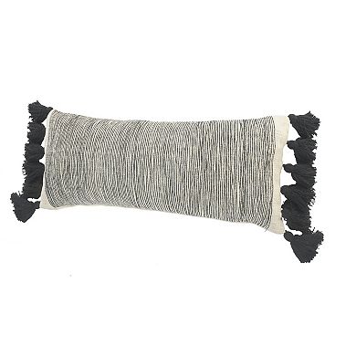 HomeRoots 12" X 28" Gray Ivory And Black Cotton Wavy Stripe Throw Pillow with Fringe