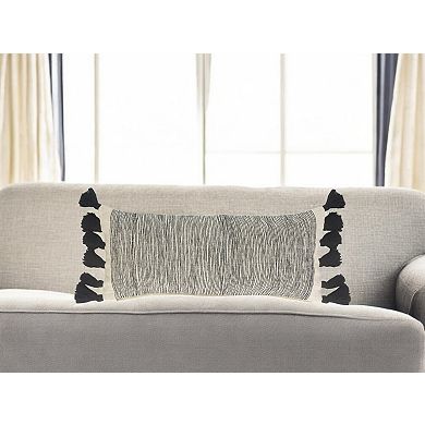 HomeRoots 12" X 28" Gray Ivory And Black Cotton Wavy Stripe Throw Pillow with Fringe