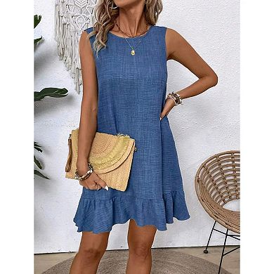 Women's Sleeveless Mini Dress Casual Crew Neck Ruffle Hem Shift Dress for Summer