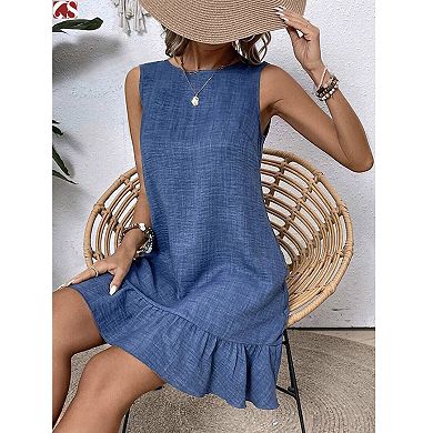 Women's Sleeveless Mini Dress Casual Crew Neck Ruffle Hem Shift Dress for Summer