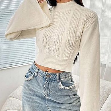 Women's Winter Mock Neck Bell Sleeve Crop Sweater Knit Pullover Tops