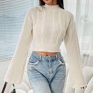 Women's Winter Mock Neck Bell Sleeve Crop Sweater Knit Pullover Tops