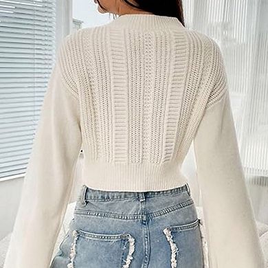 Women's Winter Mock Neck Bell Sleeve Crop Sweater Knit Pullover Tops
