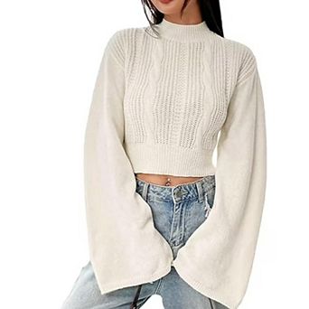 Women's Winter Mock Neck Bell Sleeve Crop Sweater Knit Pullover Tops