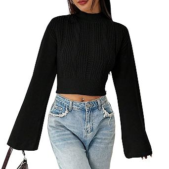 Women's Winter Mock Neck Bell Sleeve Crop Sweater Knit Pullover Tops