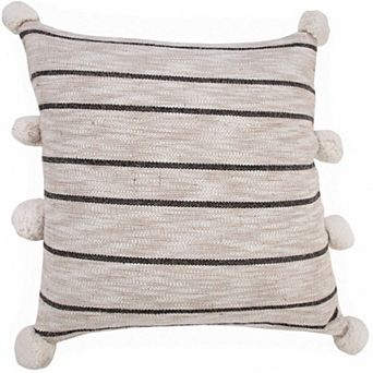 HomeRoots 20" Beige And Black Jute Striped Throw Pillow with Pompoms