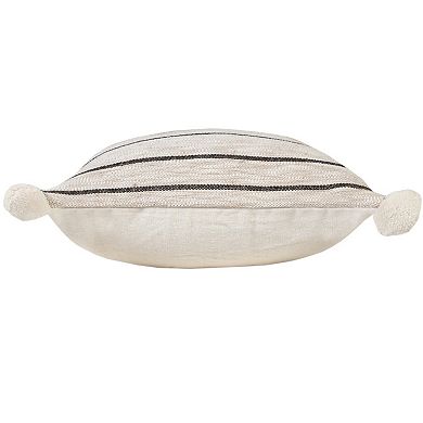 HomeRoots 20" Beige And Black Jute Striped Throw Pillow with Pompoms