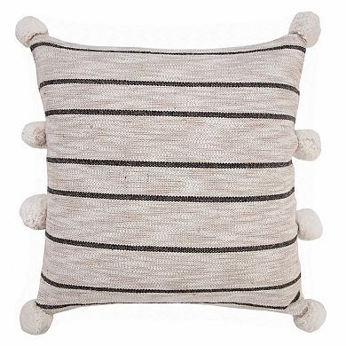 HomeRoots 20" Beige And Black Jute Striped Throw Pillow with Pompoms