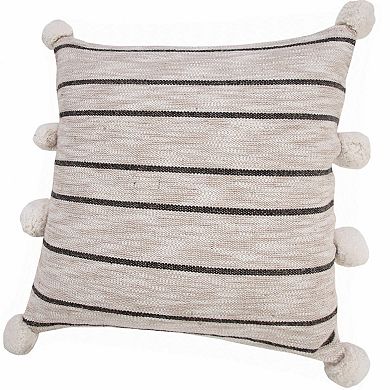 HomeRoots 20" Beige And Black Jute Striped Throw Pillow with Pompoms