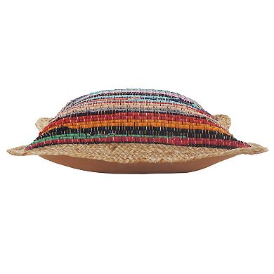 HomeRoots 20" Tan Orange and Blue Striped Cotton and Jute Throw Pillow