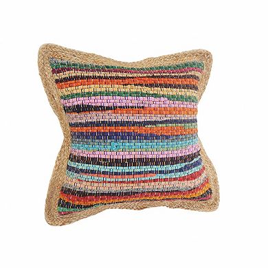 HomeRoots 20" Tan Orange and Blue Striped Cotton and Jute Throw Pillow