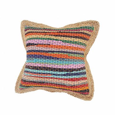 HomeRoots 20" Tan Orange and Blue Striped Cotton and Jute Throw Pillow