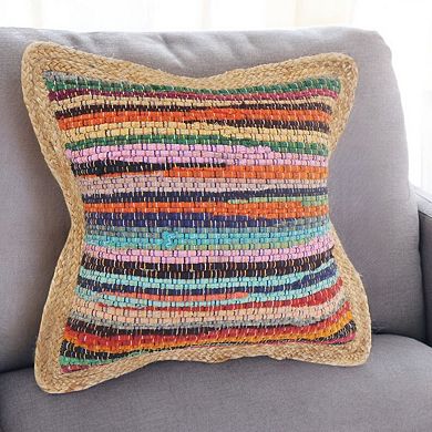 HomeRoots 20" Tan Orange and Blue Striped Cotton and Jute Throw Pillow